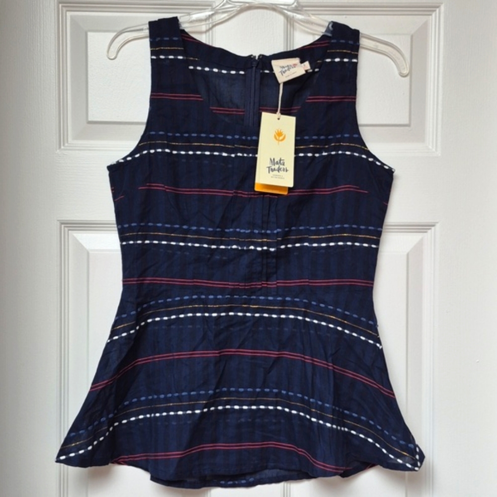 Mata Traders Prim & Pleat Navy Blue Stripe Peplum Top, Size Small, New With Tags